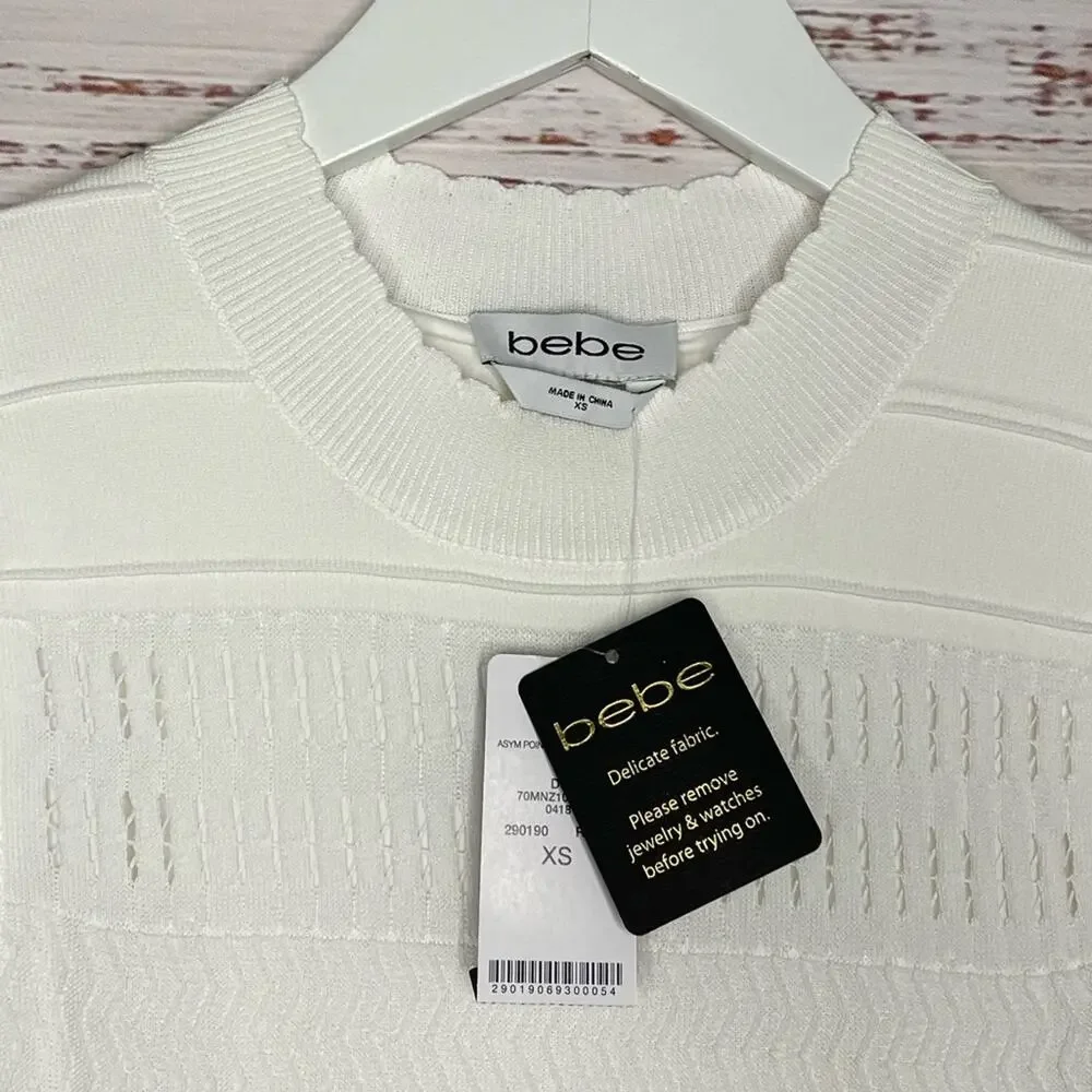 NWT Bebe White Bodycon Scalloped Neckline Mesh Ruffled Diagonal Bottom Dress XS - Picture 8 of 9